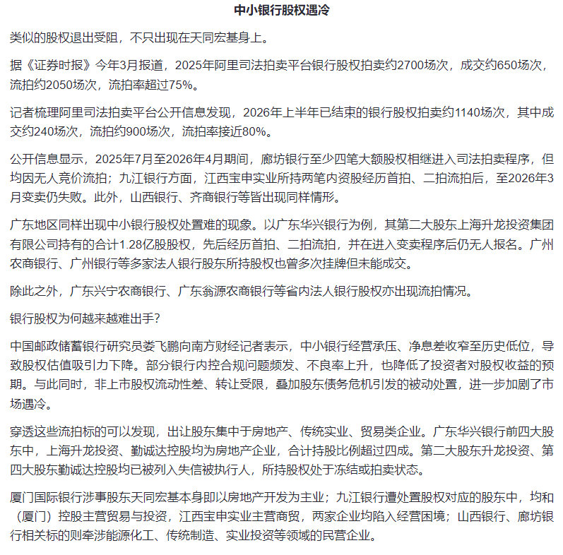 【中小银行股权遇冷背后】日前，厦门国际银行股东天同宏基集团股份有限公司（以下简称