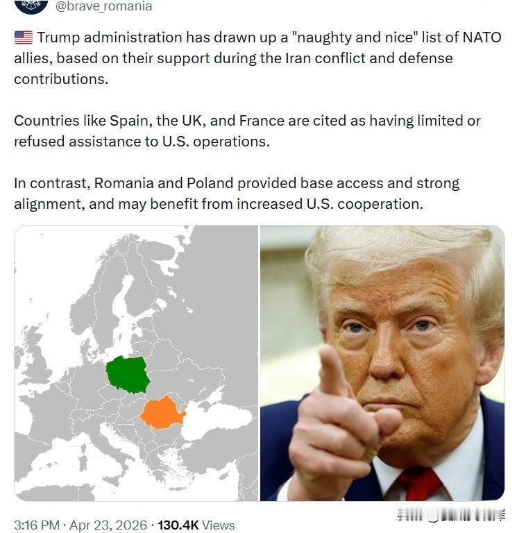 🇺🇸 川普政府已根据北约盟国在伊朗冲突期间的支持度及防务贡献，拟定了一份“淘