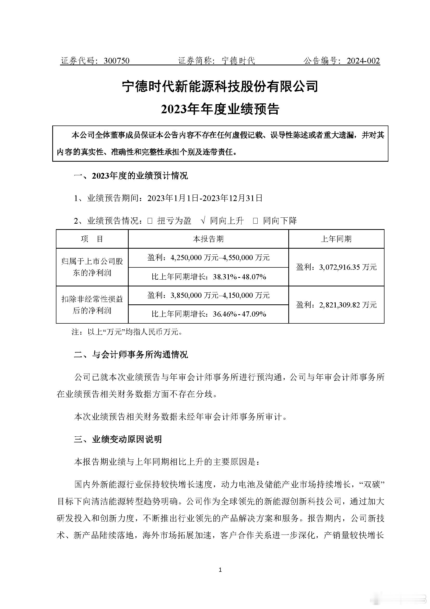 【宁德时代发布业绩预计：2023年净利润425亿元-455亿元】宁德时代发布业绩