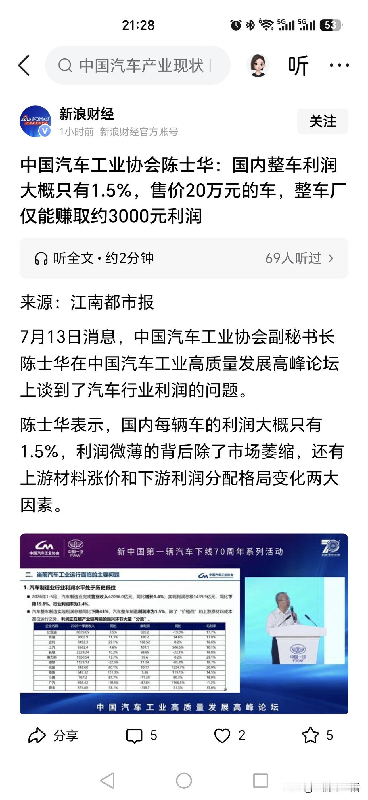 这是真的吗？一台卖20万的汽车，整车厂的利润只有3000块，我怎么这么不信呢？
