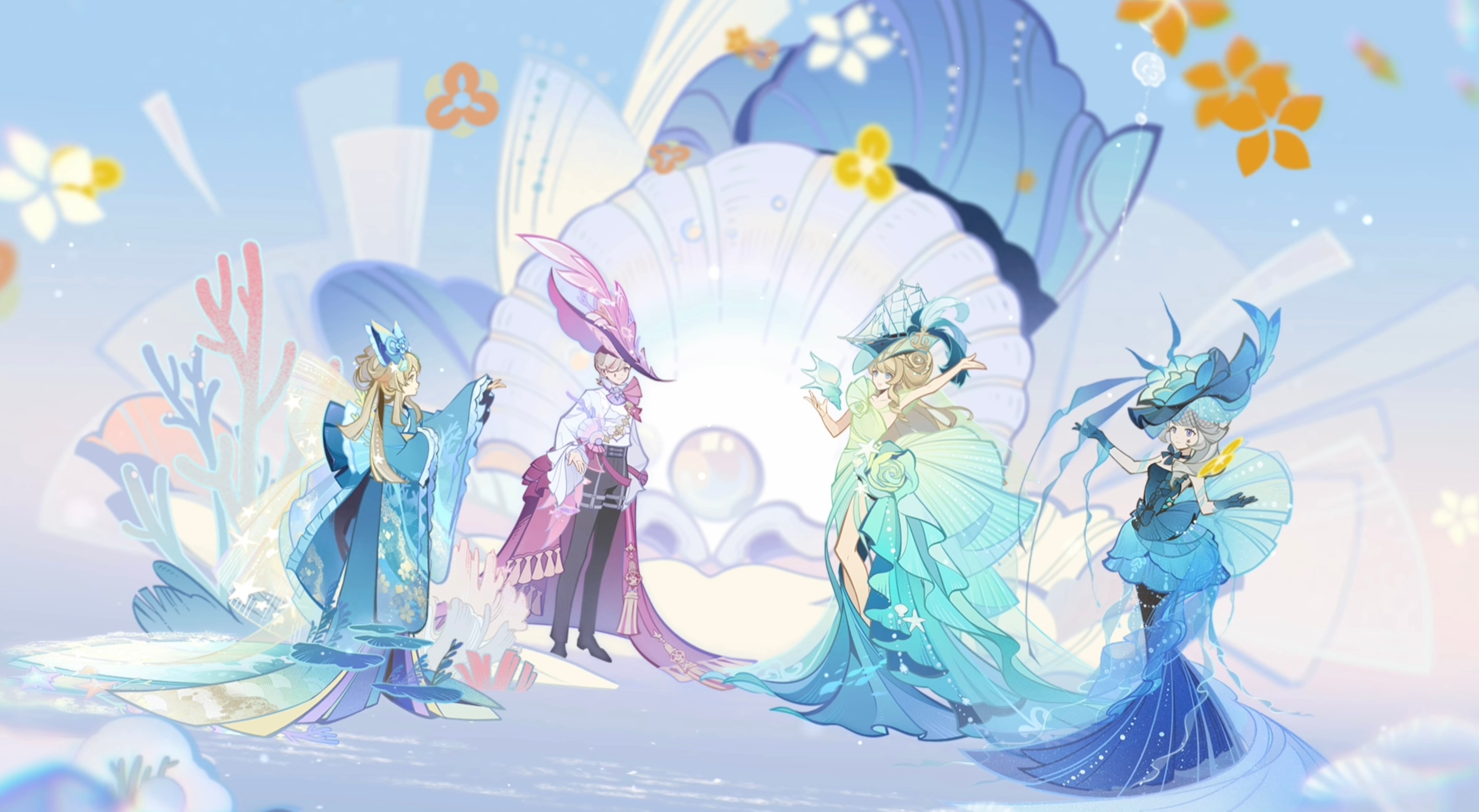 #原神[超话]# 千织给林尼、琳妮特、娜维娅、绮良良设计的时装周服装，真的太好看