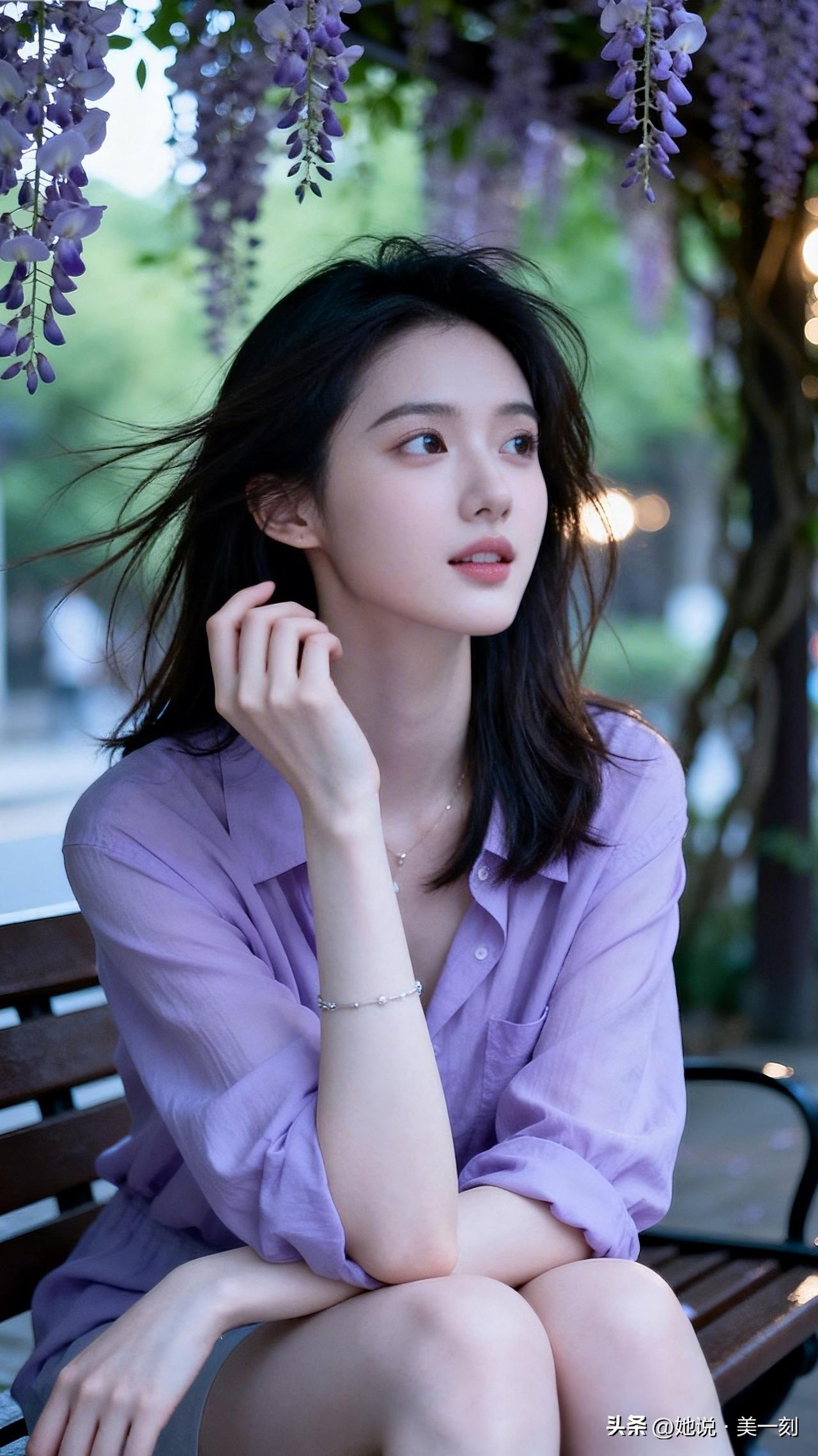 紫色花海下的少女，静谧如梦。怎样完成气质风穿搭