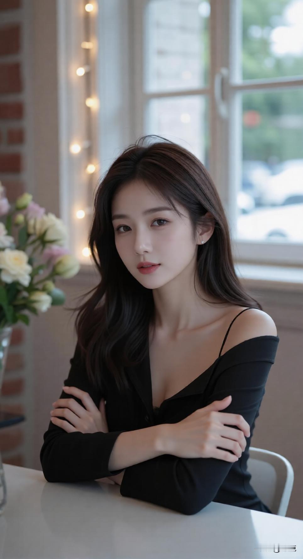 优雅黑裙，静谧咖啡馆，沉思的午后时光。