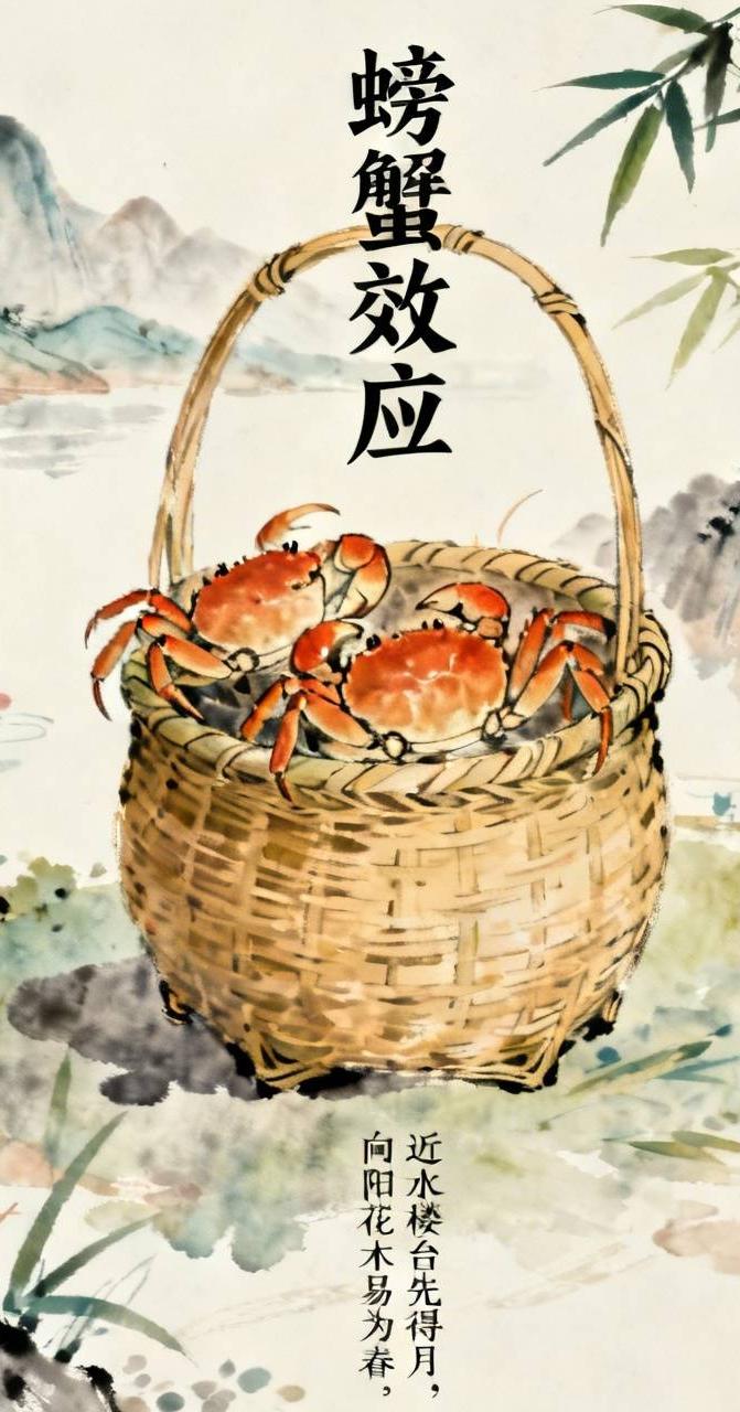 《螃蟹效应》
竹篓中若只有一只蟹需盖盖子，一群蟹则无需，因总有蟹将攀爬者拽下。人