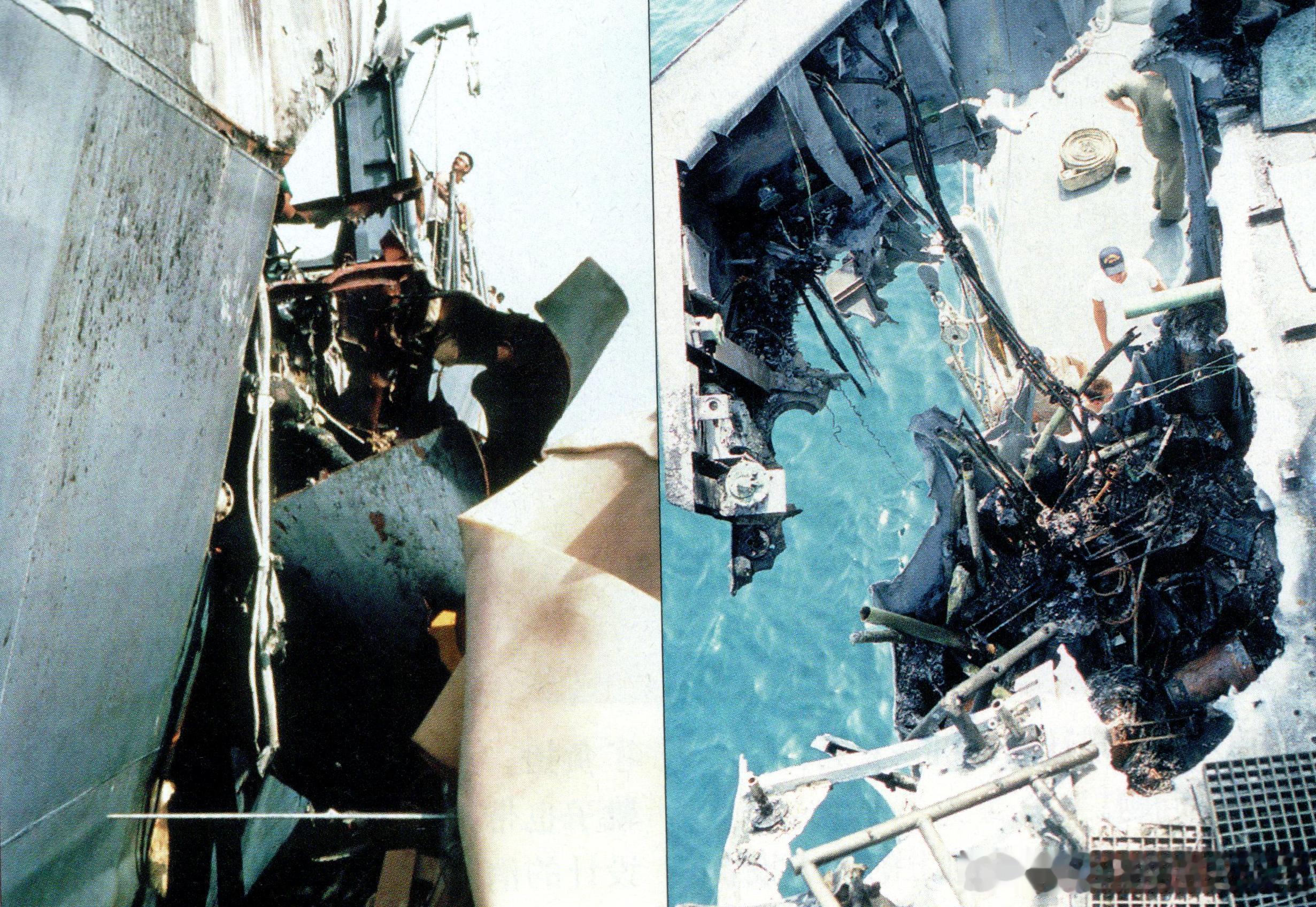 1987年5月17日斯塔克号导弹护卫舰被第二枚飞鱼导弹击中后，爆炸冲击波导致上层