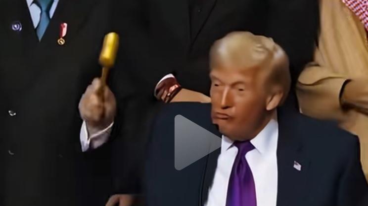 就在美国召开20国加沙和平会议上。特朗普手中拿了个锤子，那可是黄金做的啊。肯定是