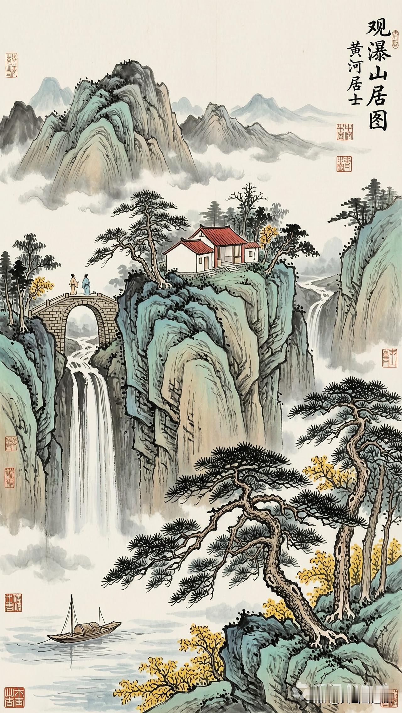 观瀑山居图，山水间的小屋，静谧而悠远。