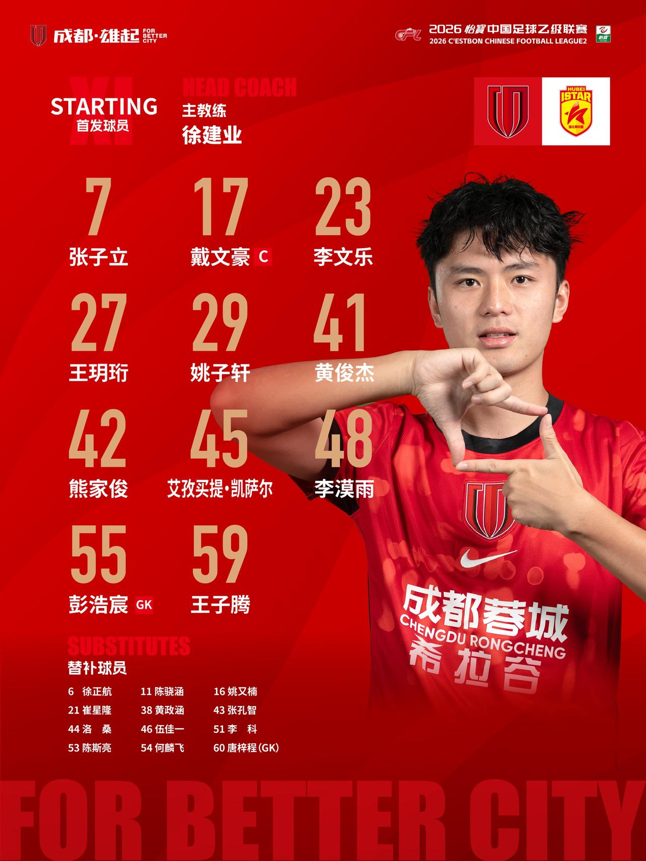 比赛首发名单出炉！蓉城青年军，雄起！