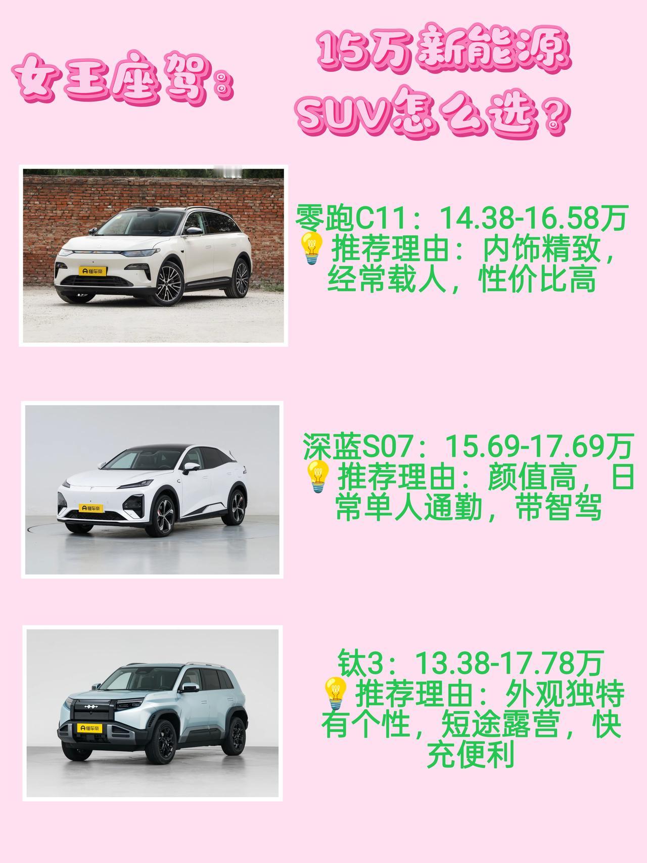 适合女生开的SUV我挑出来三台，每个都是高颜值，那么零跑C11，深蓝S07和方程