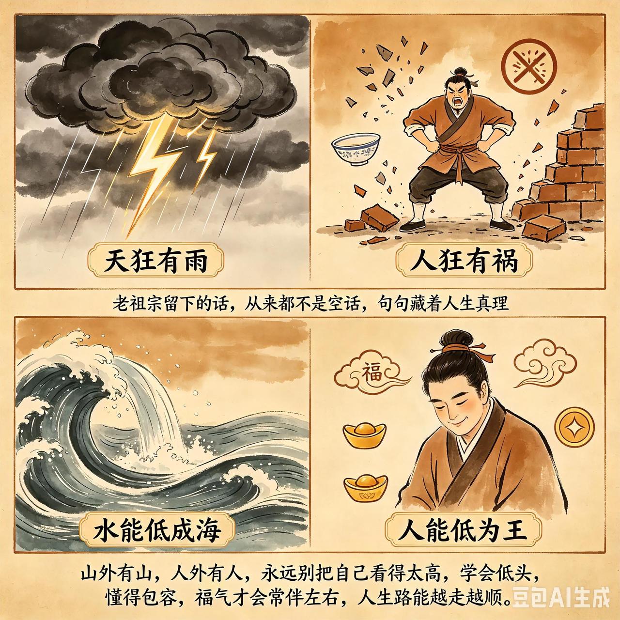 老祖宗留下的话，从来都不是空话，句句藏着人生真理。
 
天若狂妄，必有狂风暴雨；