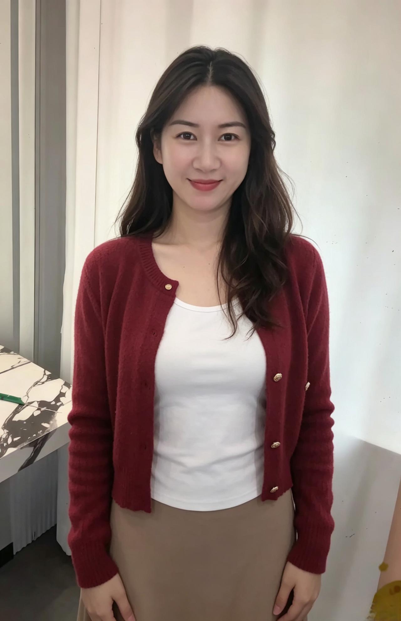 绛衫轻叠金扣小，素衣相映玉容新。
嫣然一笑春风里，胜却枝头万树春。