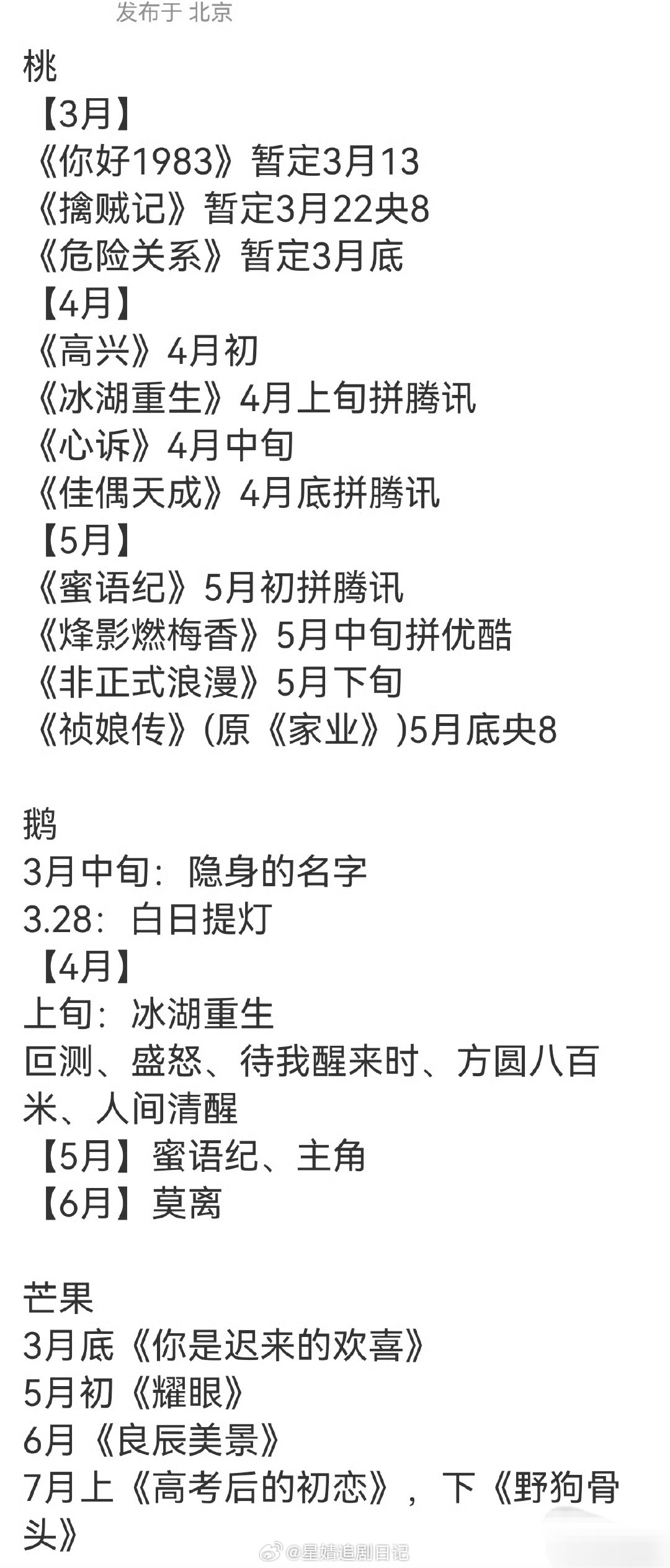 最新排播。祯娘传被排到五月去了。没热闹看了。佳偶天成分销给了🐧，怎么郭虎+赵娜