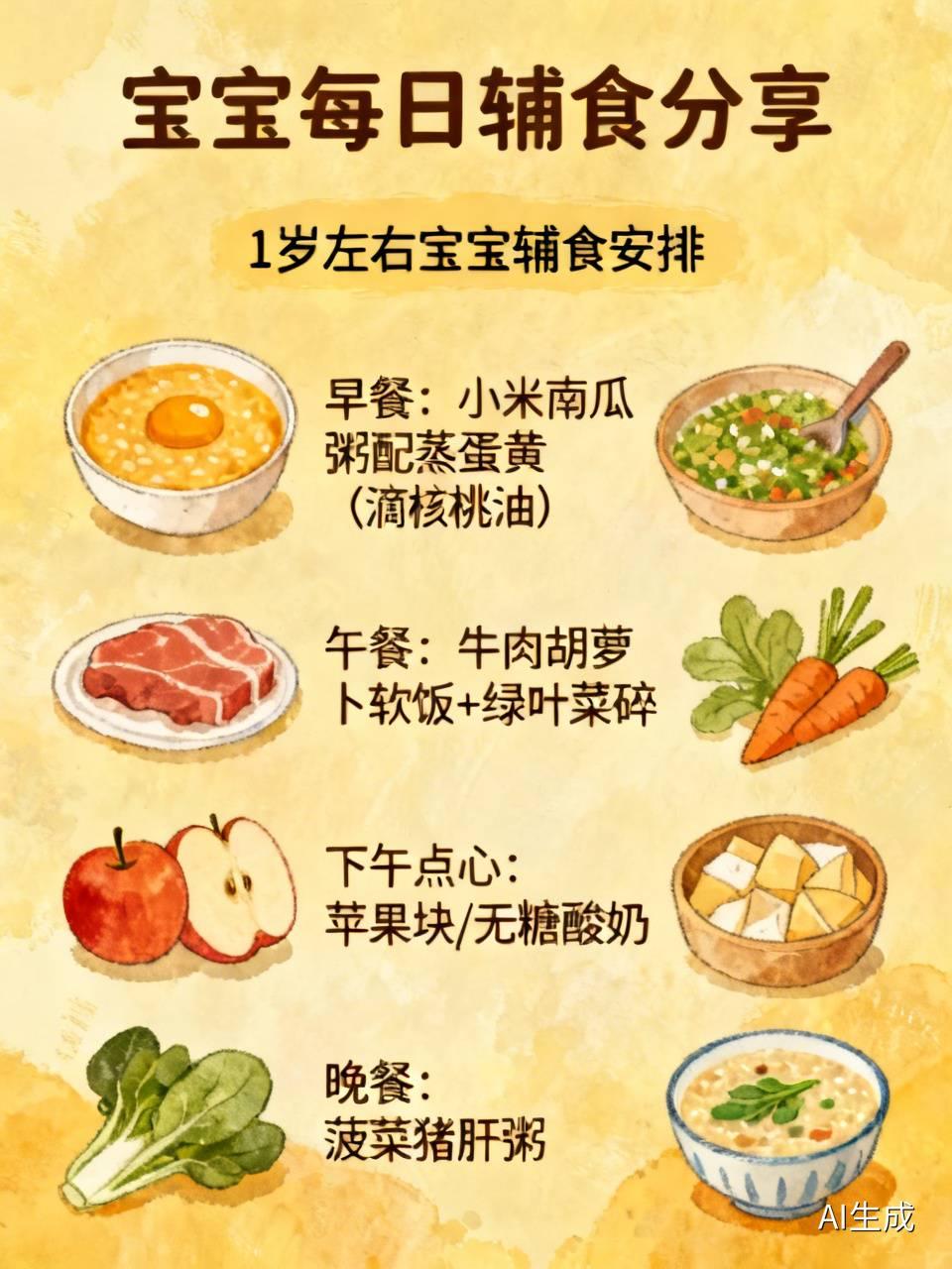 分享宝宝每日辅食安排，让娃吃得营养又开心。每餐遵循主食+优质蛋白+时令蔬菜搭配，