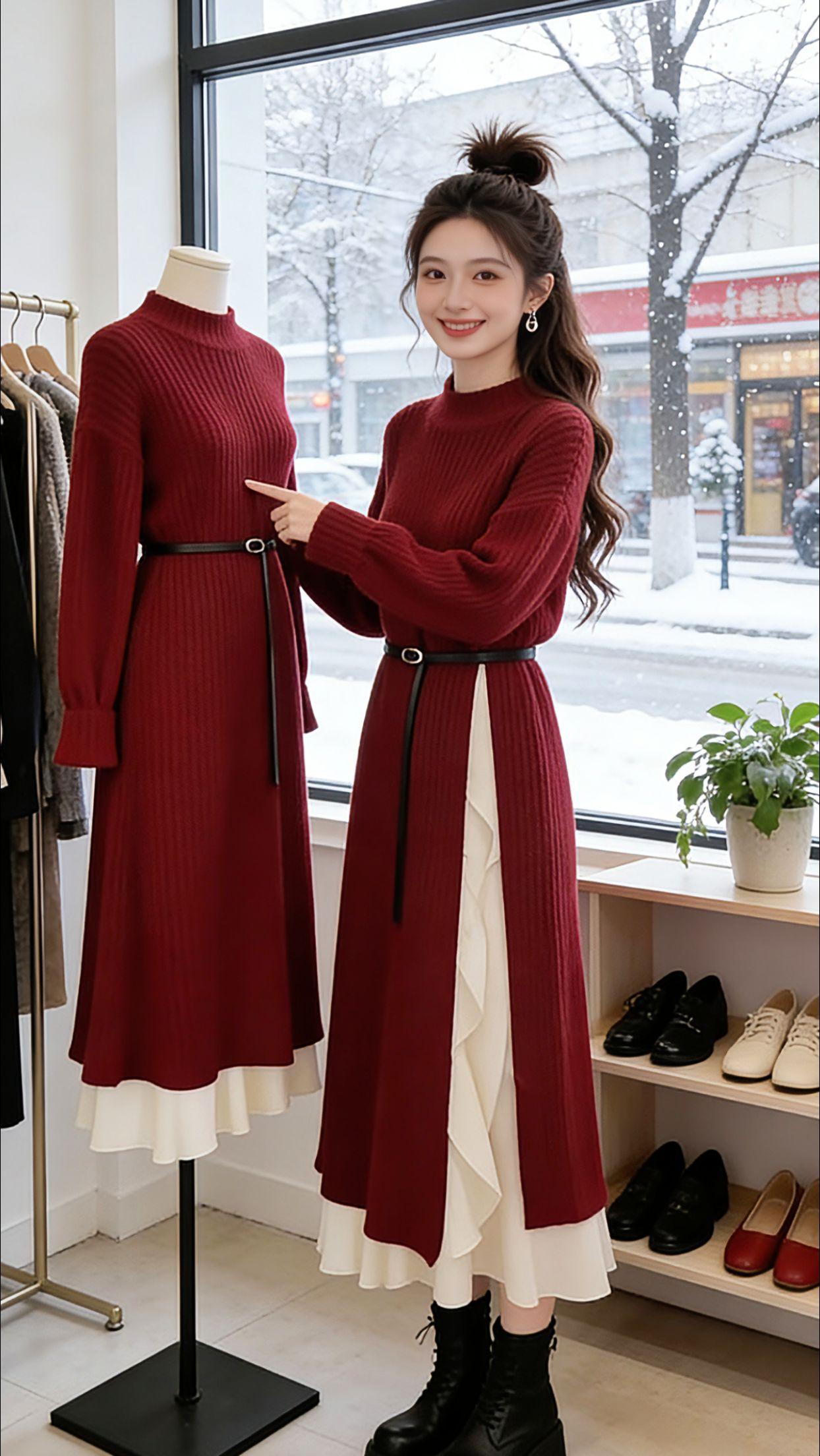 Danny今日的穿搭是这套红茶风毛衣连衣裙，从工作室选款到午后宅家，再到夜晚逛欧