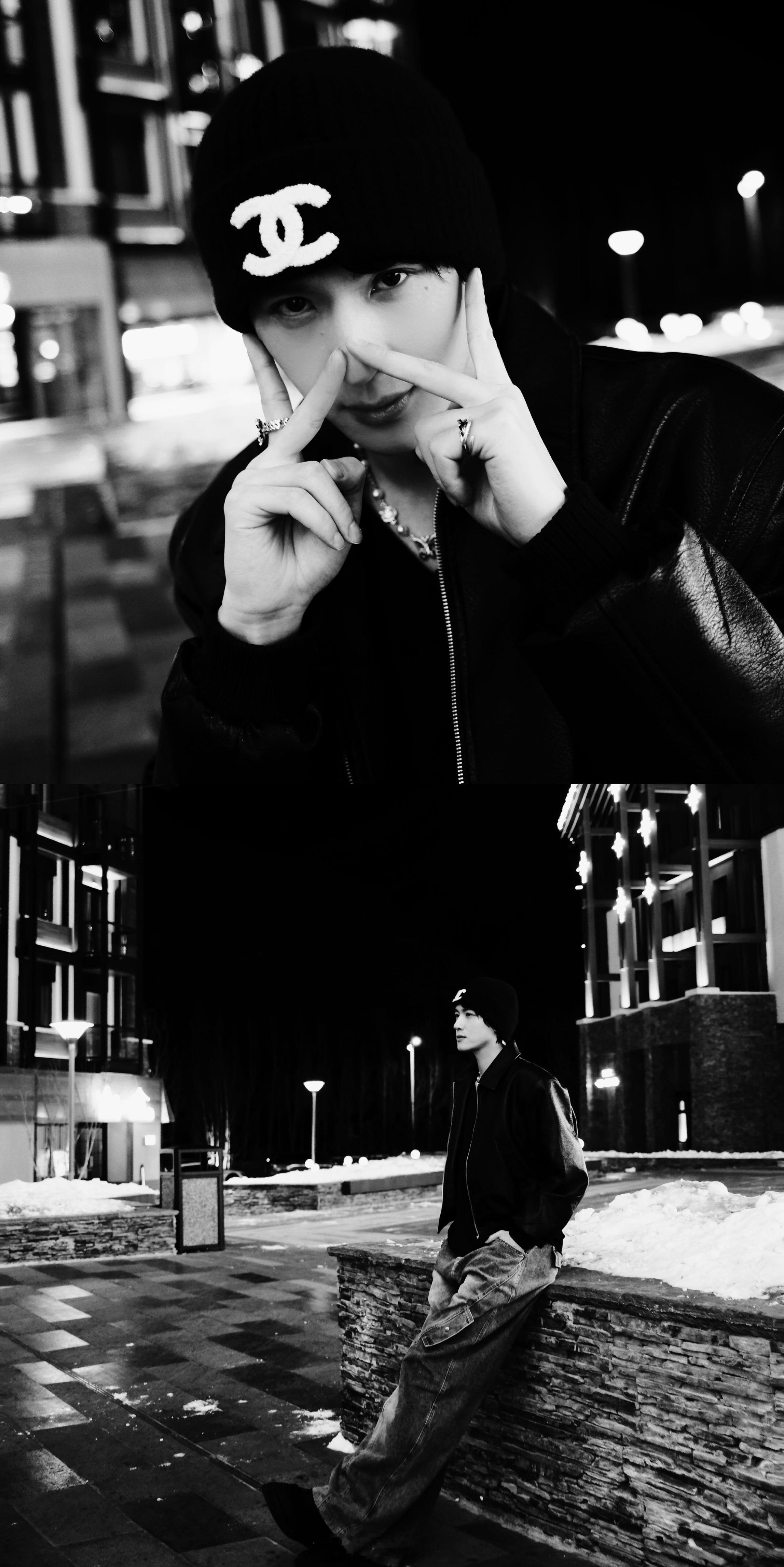 展轩更新滑雪照冷帽皮衣造型实在太帅啦