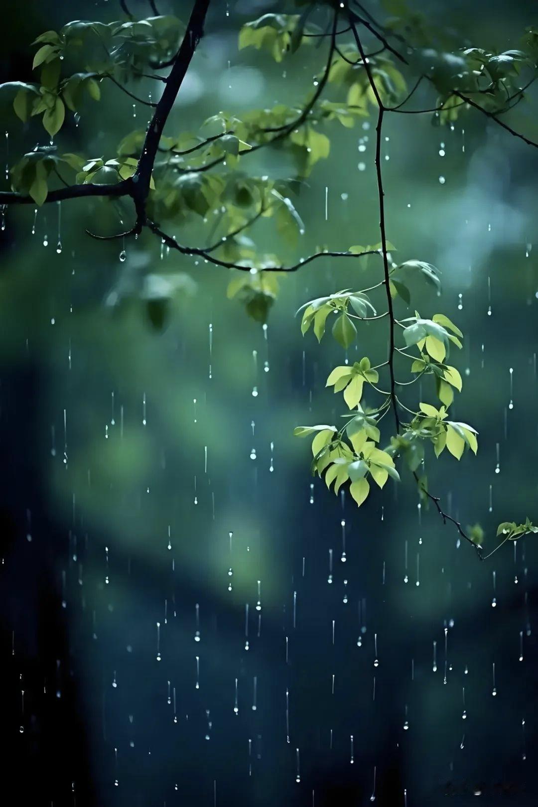 我撑着伞漫步在海河边上，河水在雨滴的敲击下泛起层层涟漪。远处的高楼大厦在雨幕中若
