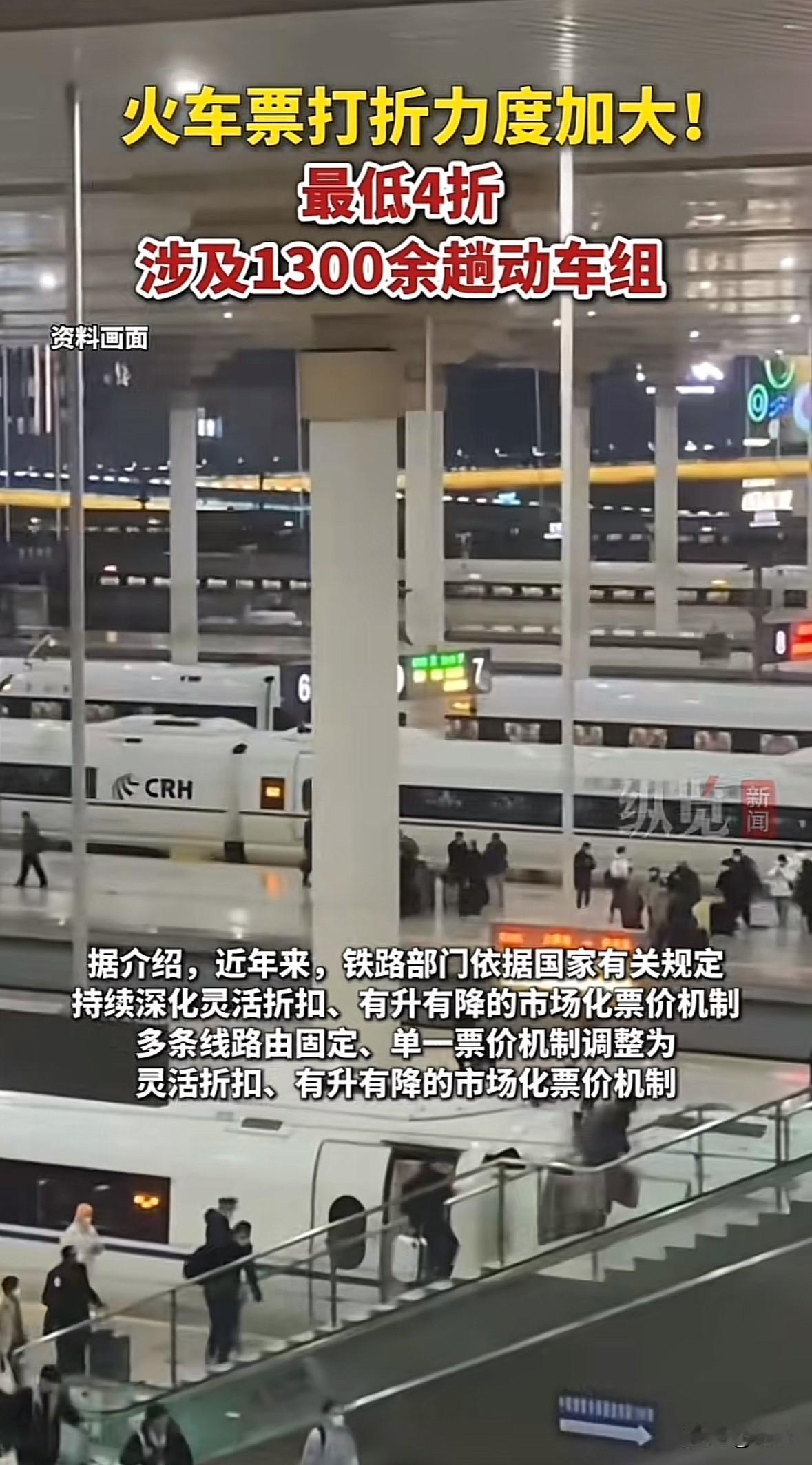 近期铁路部门加大火车票打折力度，130余条线路1300余趟动车最低4折。北京、上