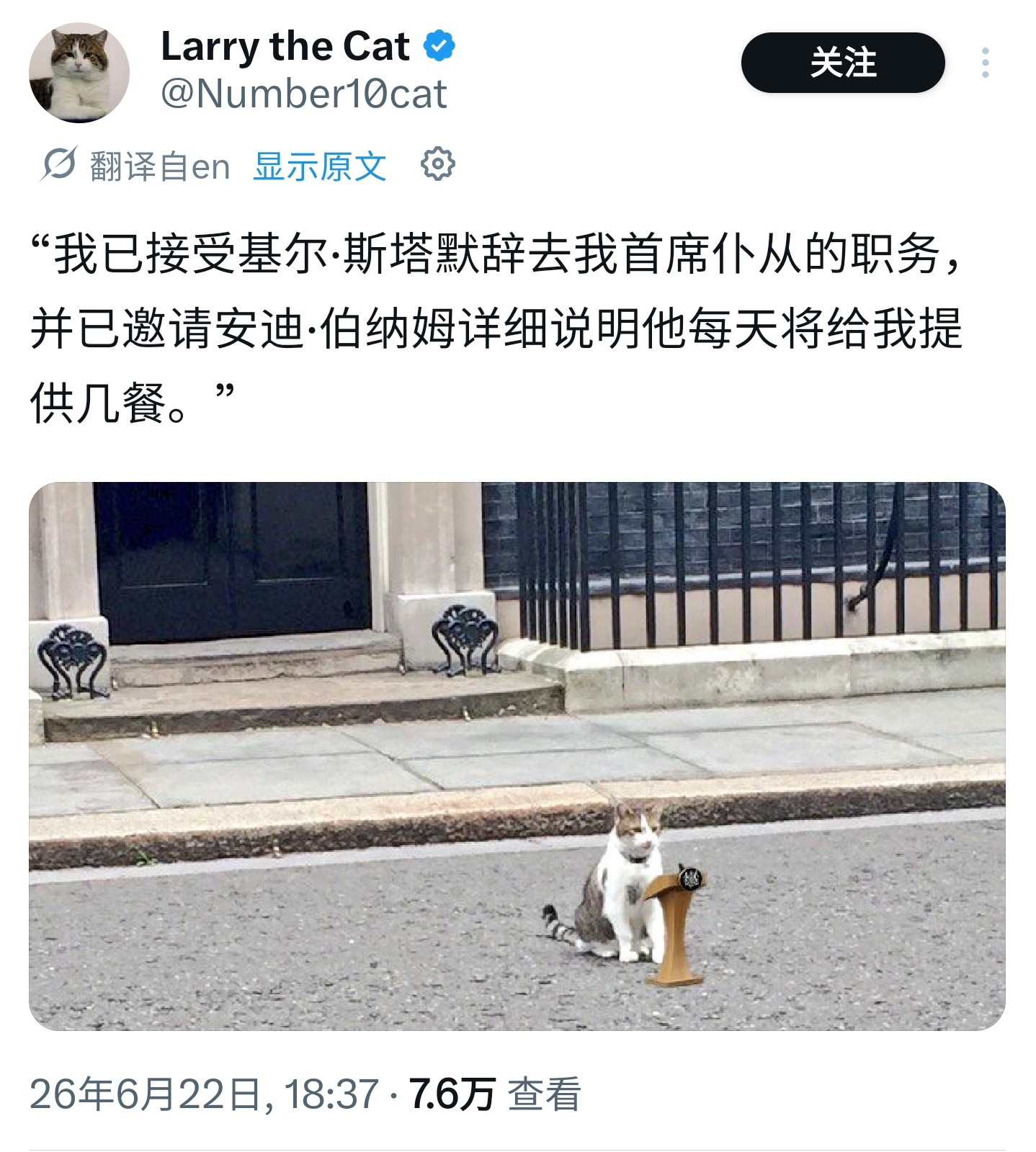 唐宁街10号首席捕鼠大臣拉里表示：“我已接受基尔·斯塔默辞去我的首席侍从一职，并