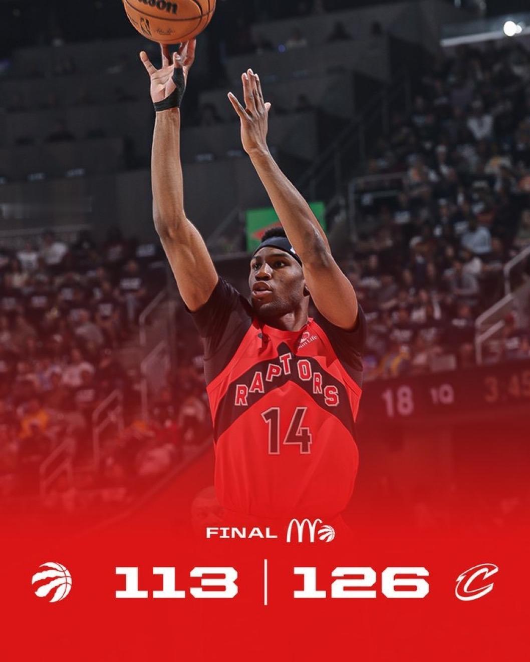 4月19日NBA季后赛战报（4场）：

猛龙113-126骑士，总比分0-1
森