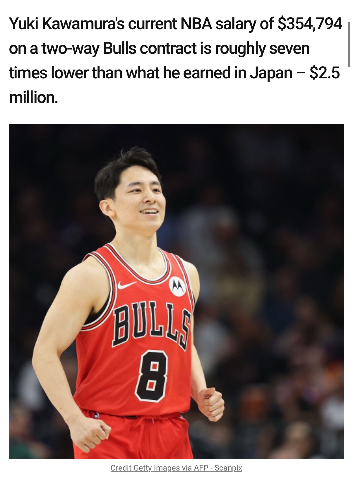 河村勇辉在公牛的薪水公布，他目前在NBA的收入比在日本的收入少了7倍 