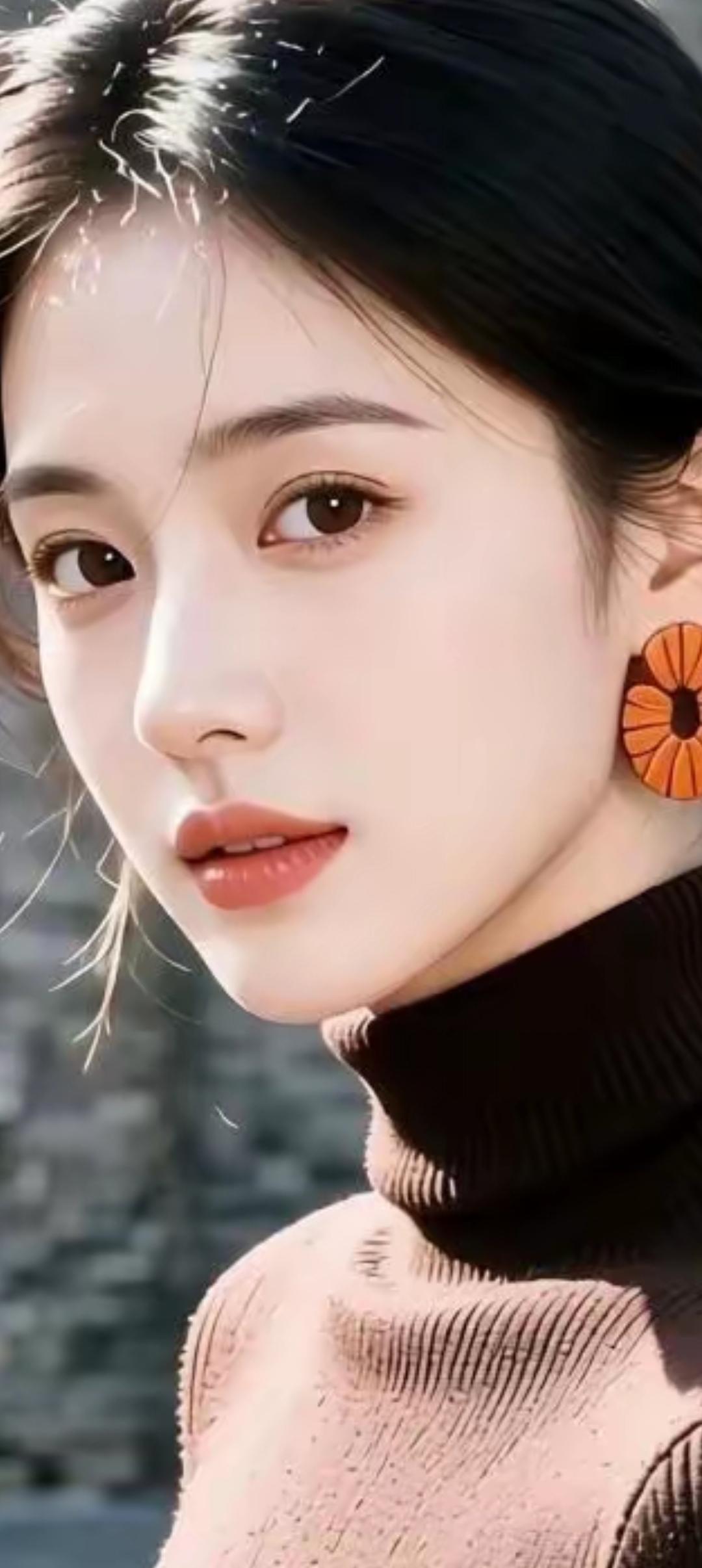 冬日暖阳下的温柔少女，橙花耳环点缀，甜美动人。