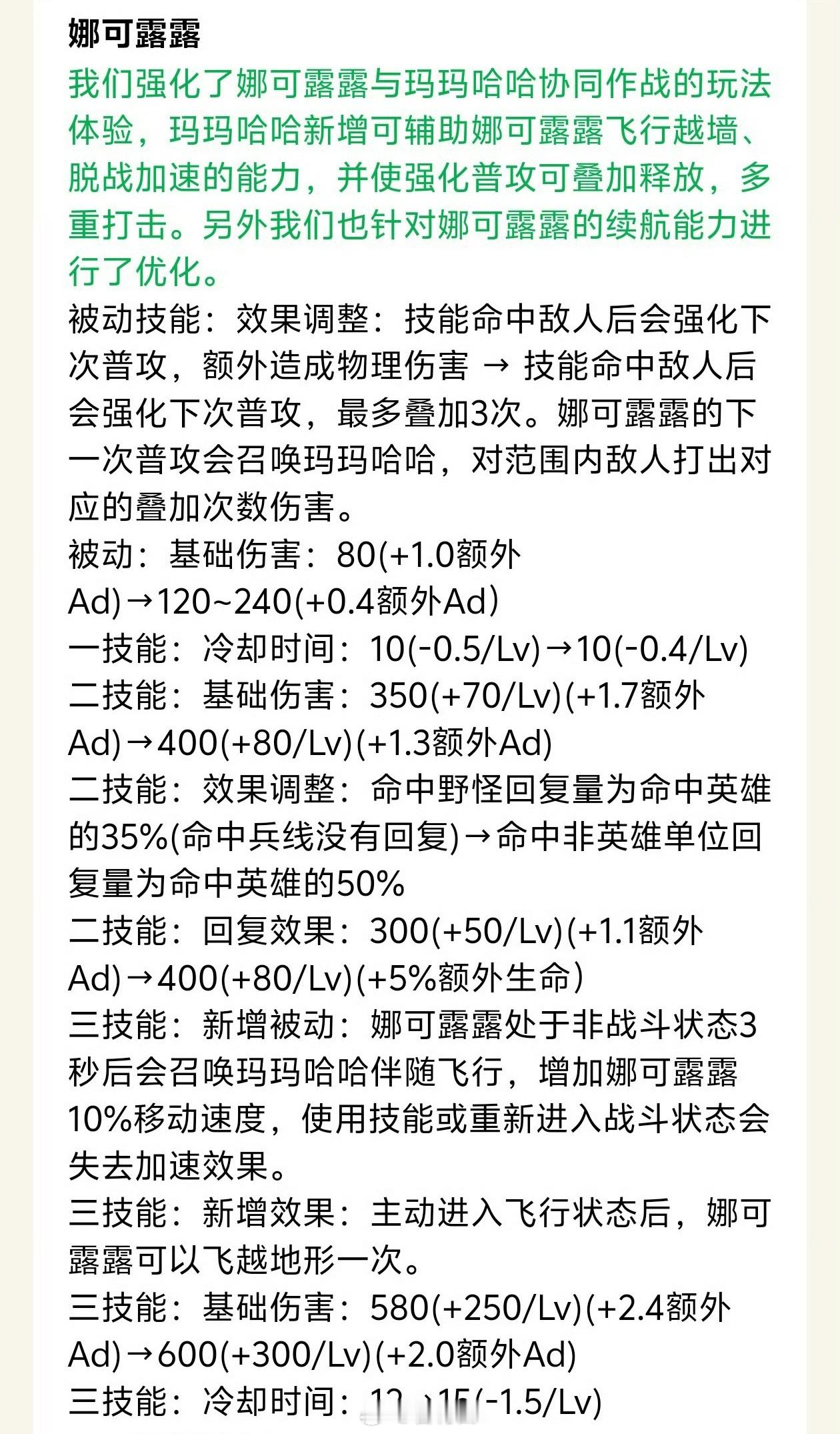 娜可露露的改动来了，飞行越墙、脱战加速、强普叠加释放……大家觉得怎么样？[吃瓜]