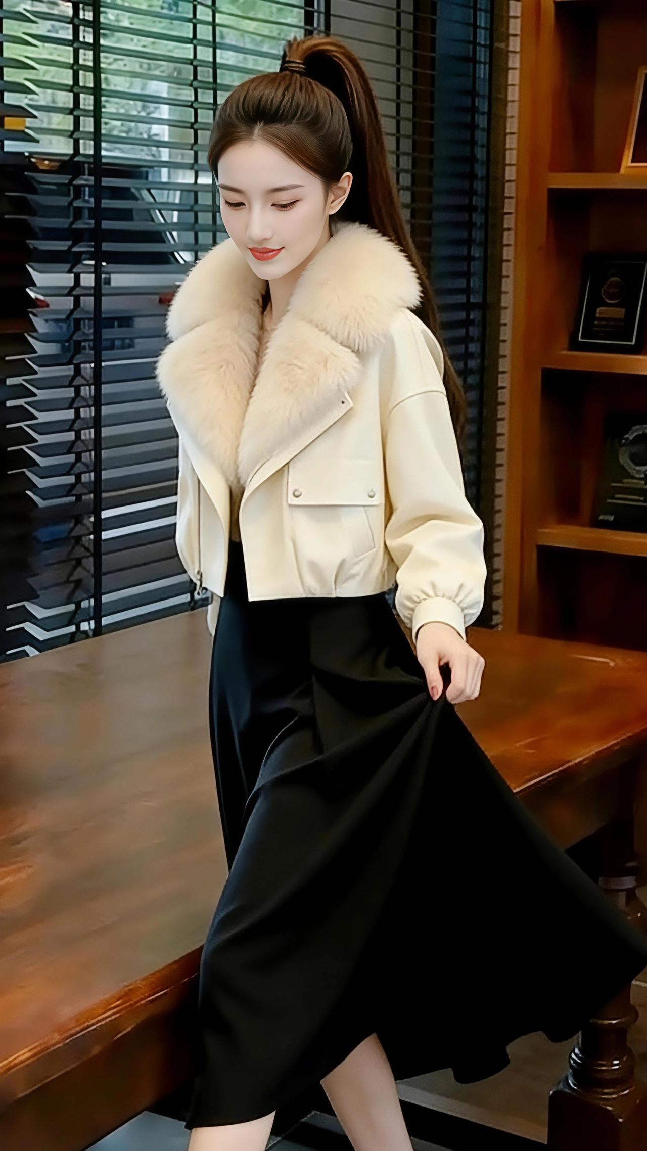 雪落时，她正披着那袭奶白的绒领短衣，像把冬日光晕揉进了衣襟里。
 
绒领软得像积