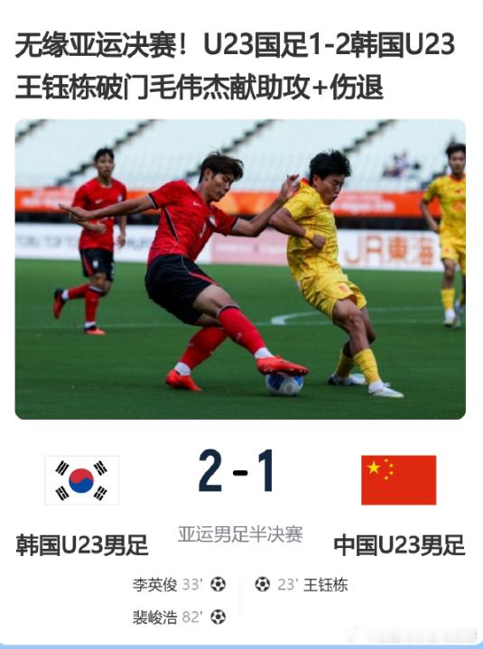 无缘亚运决赛！U23国足1-2韩国 亚运国足1比2韩国王钰栋破门、毛伟杰献助攻+