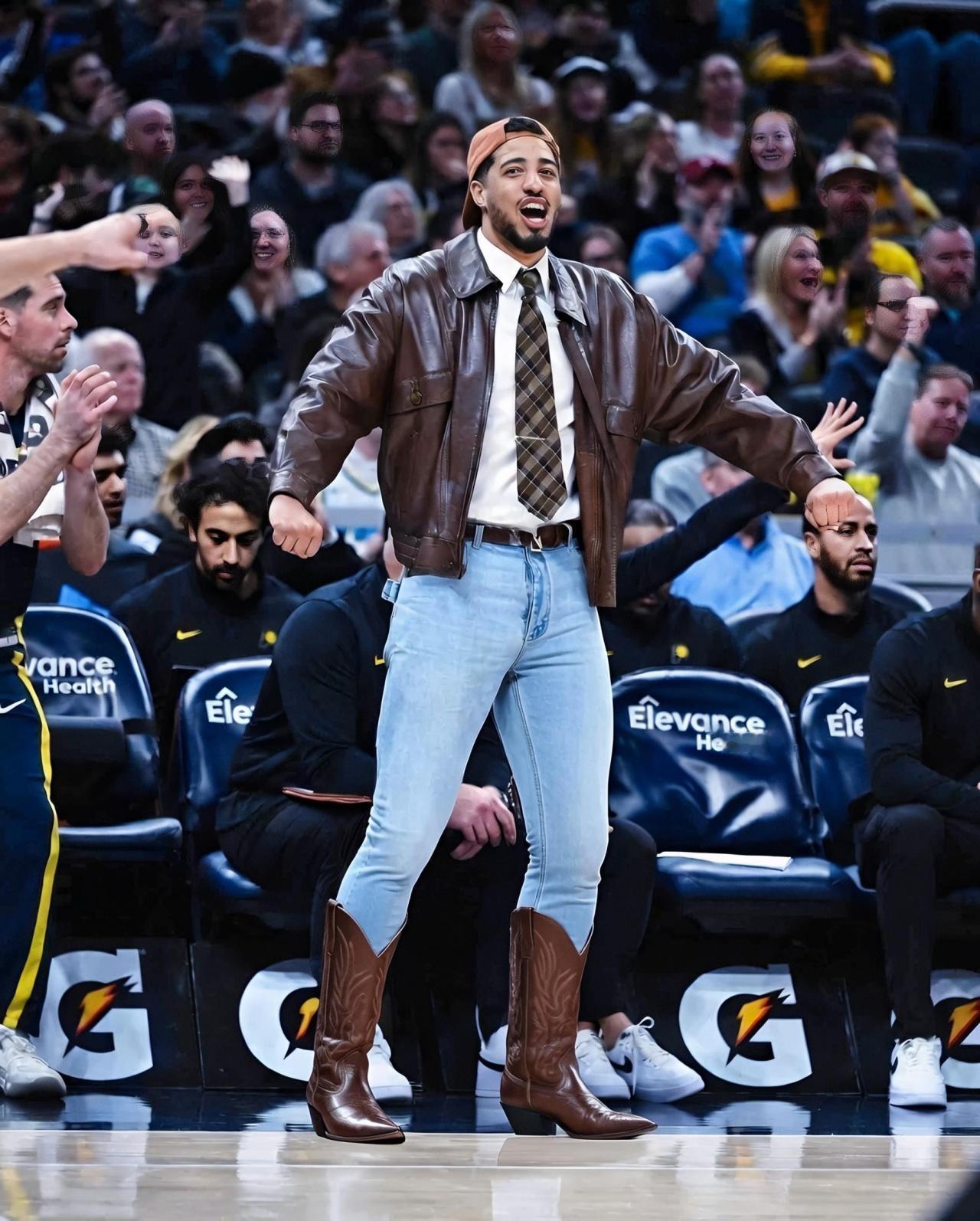 魔法师快复出吧，步行者都倒数第一了！场边观战养伤的哈利伯顿年度最佳穿戴吧！皮夹克