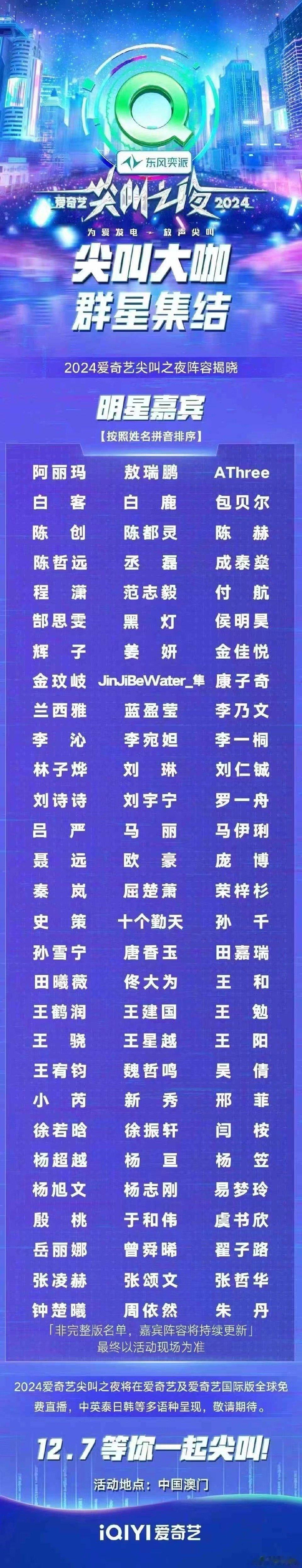 澳门爱奇艺尖叫之夜出席名单 