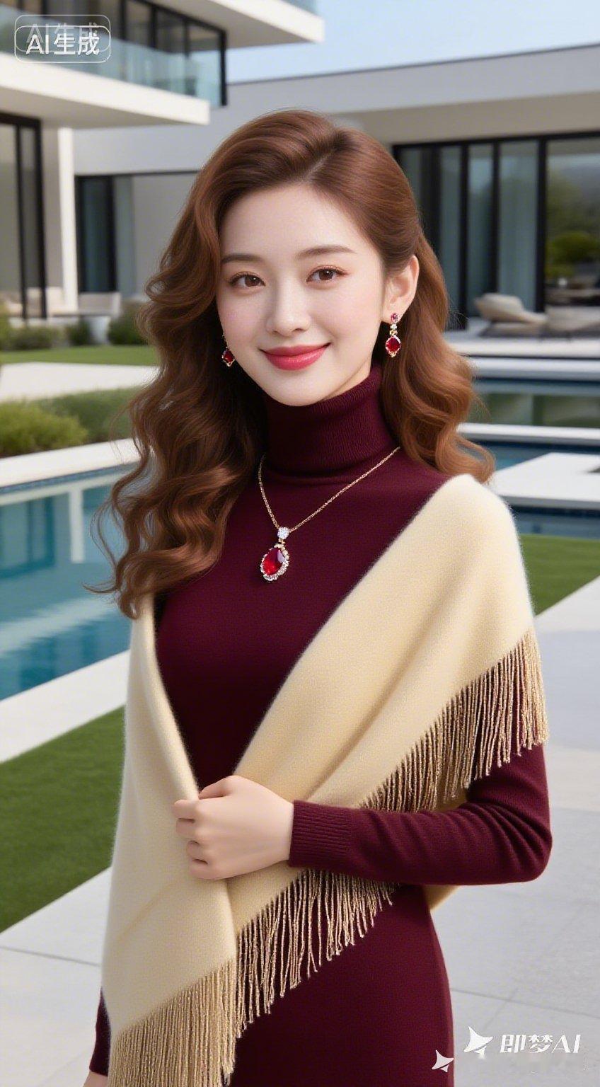 豪华现代别墅庭院，红花粉蕊衬绿叶。柳娟着深红高领羊绒衫，搭米金流苏披肩，卷长发配