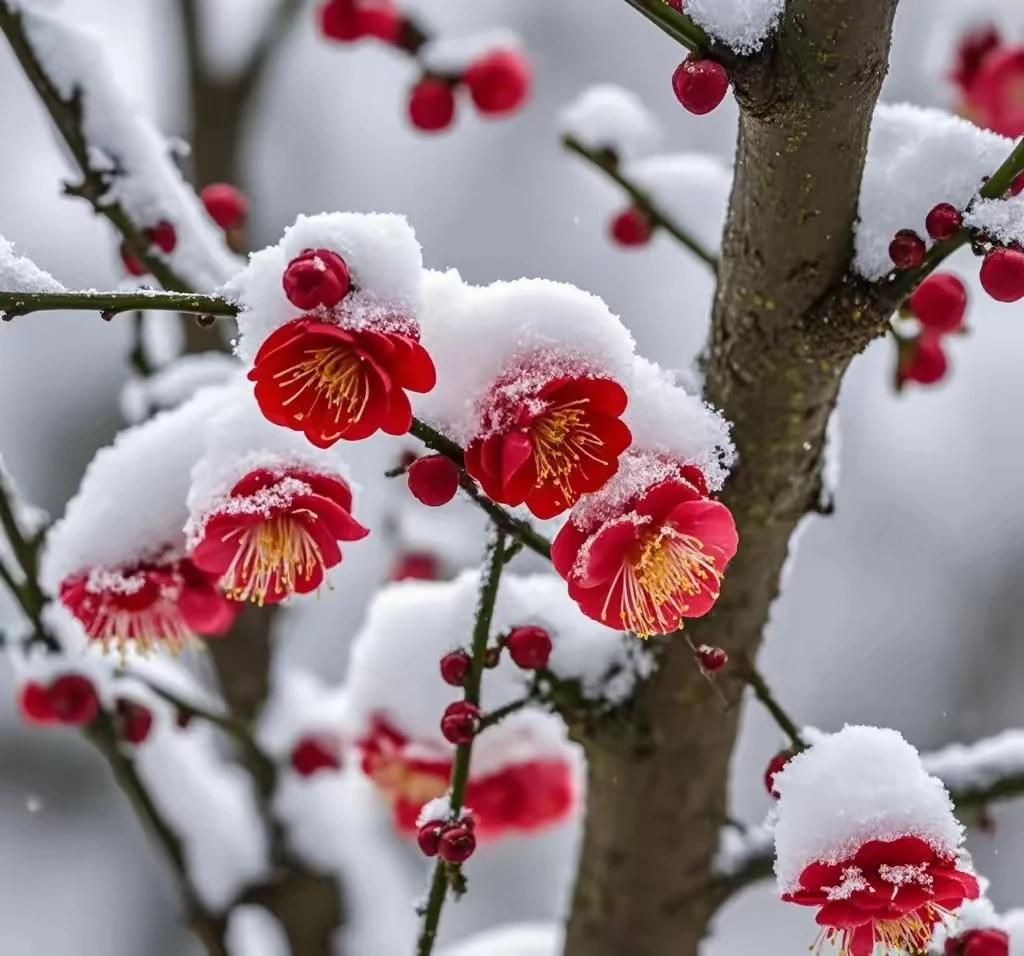 雪恋梅花梅不知，
凌风傲雪一情痴。
雪为梅花披棉装，
梅花感激香泪滴。