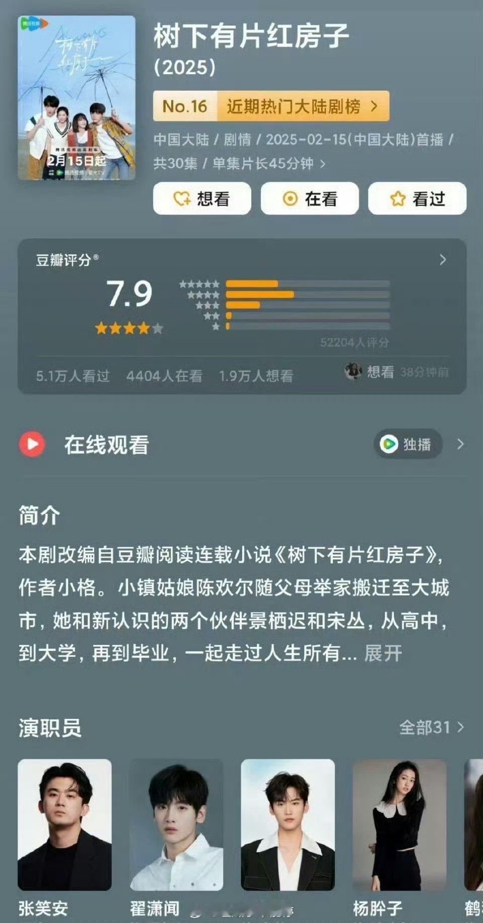 我的天啊 翟潇闻、周柯宇主演的《树下有片红房子》是今年的现偶最高分哎！ ​​​