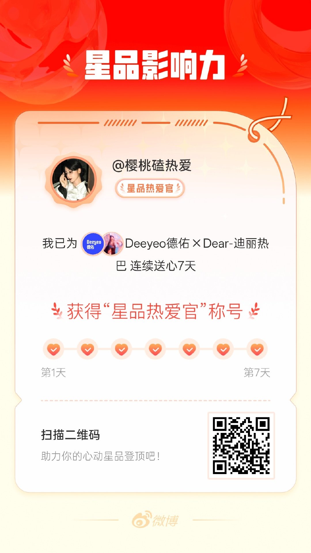 我在星品影响力上为 X 连续送心7天，获得“星品热爱官”称号！快来一起pick你