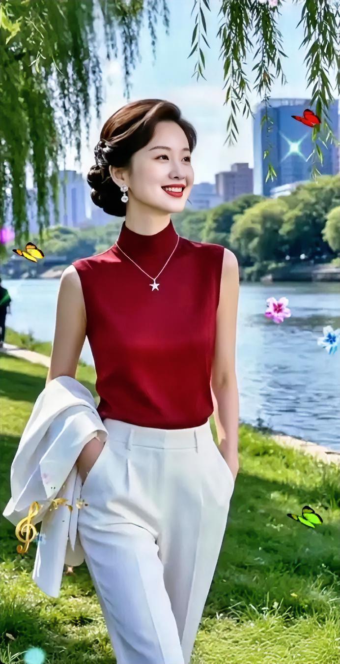 河畔微风拂动垂柳，一身酒红无袖上衣搭配白裤，简约配色尽显优雅。从容漫步在青草岸边