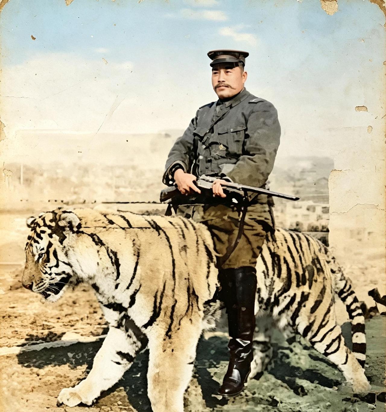 这是汤玉麟手持猎枪骑在一只老虎背上。汤玉麟与老虎有着不解之缘。他在家中排行老二，