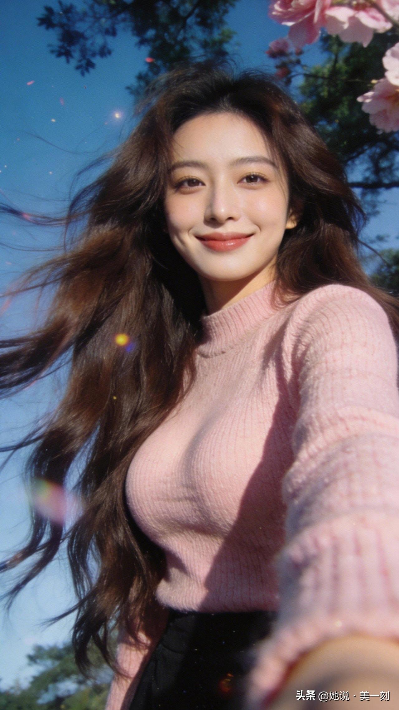 阳光下的甜美笑容，粉色的毛衣与飘逸的长发相得益彰，春日里的美好瞬间。🌸🌞💖