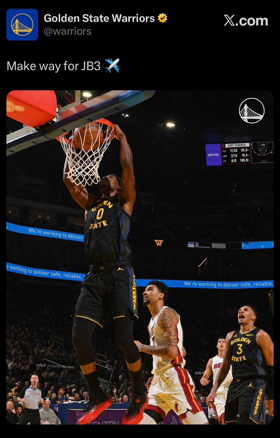 勇士官方还给巴特勒球鞋带货哈哈哈哈“都给JB3让路。”🤣🤣热火vs勇士