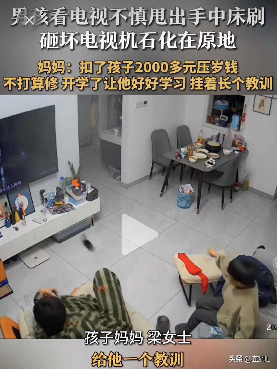 哈哈哈！熊孩子看电视甩飞床刷，砸坏电视被扣2000压岁钱，妈妈：不修了，让他长个