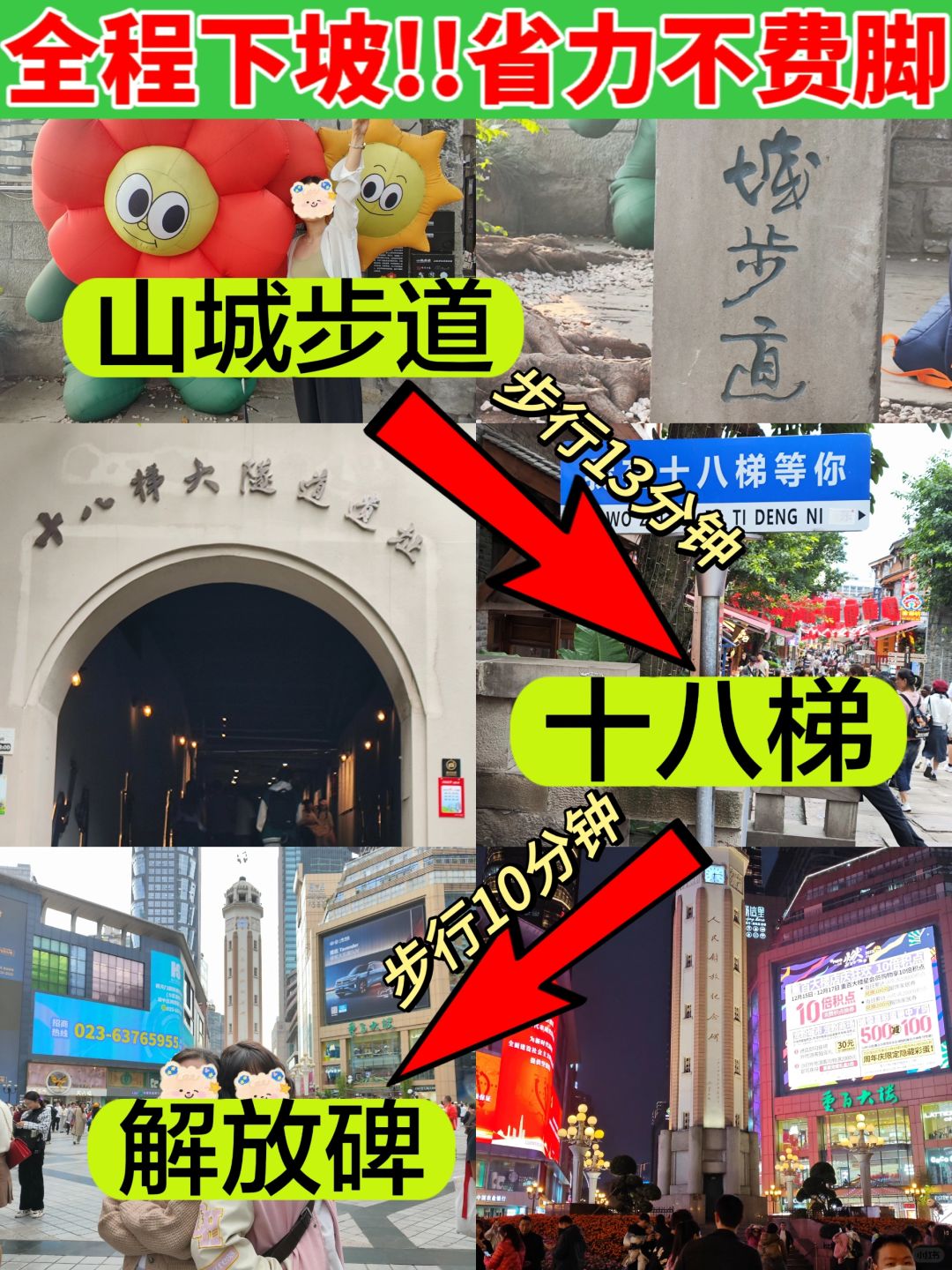 山城步道→解放碑→解放碑全是下坡‼️好近