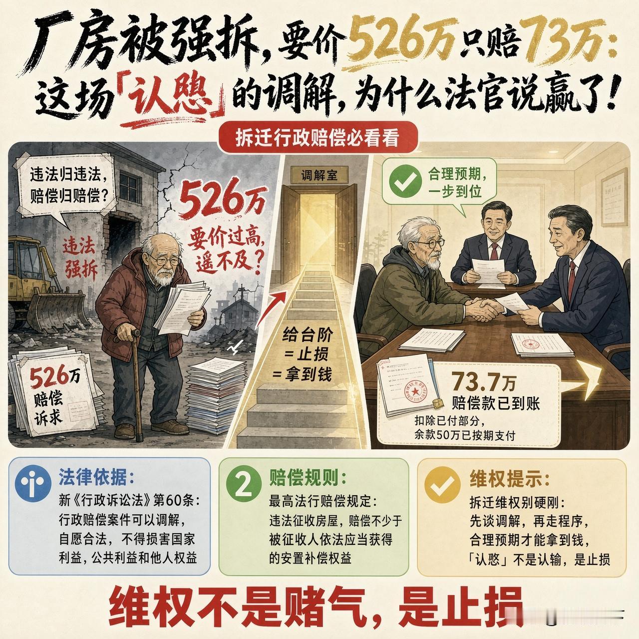 厂房被强拆，要价526万只赔73万：这场'认怂'的调解，为什么法官说赢了？

在