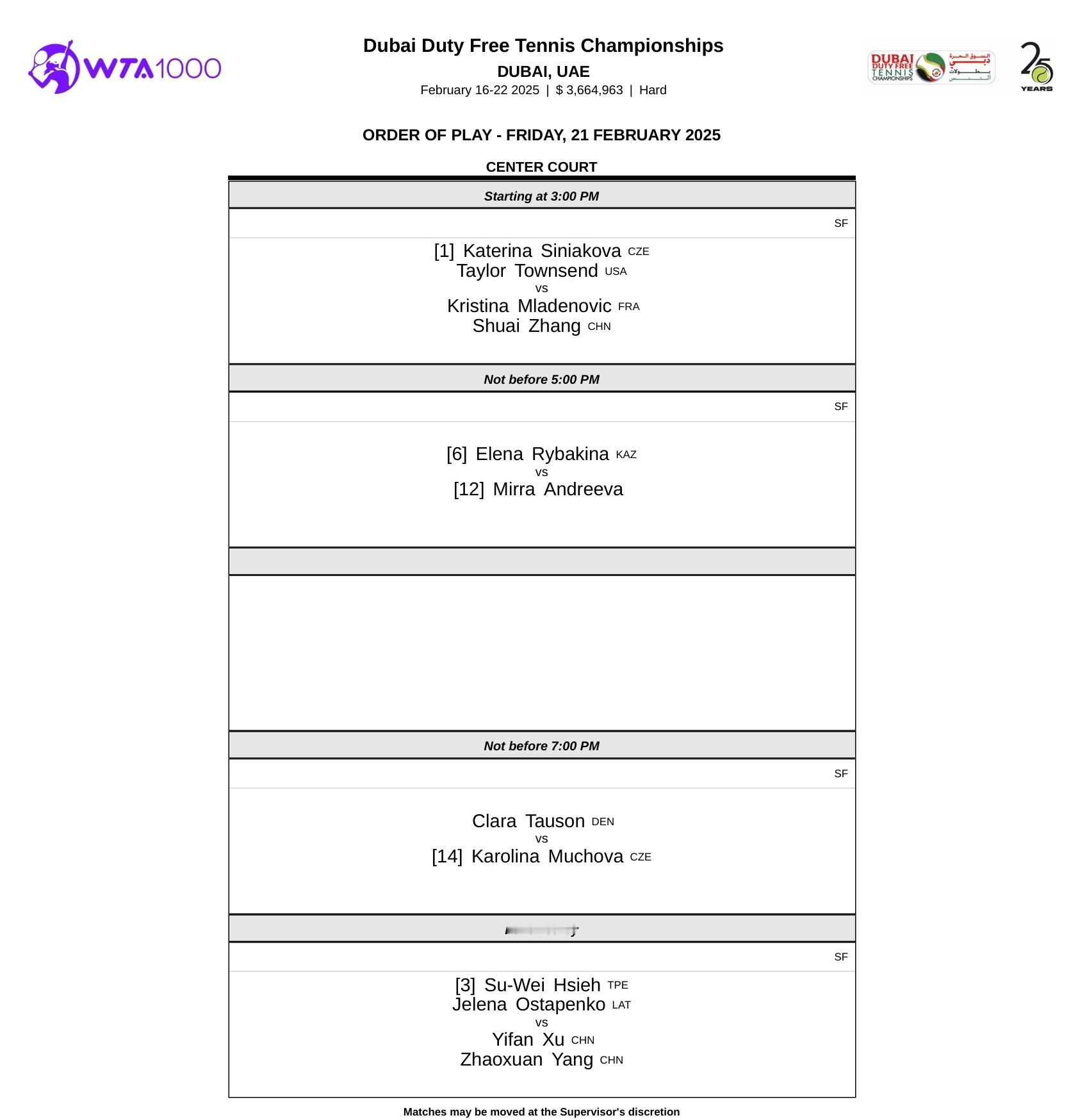 WTA1000 迪拜站今日赛程📅19:00 - [1]西尼亚科娃/汤森德 vs