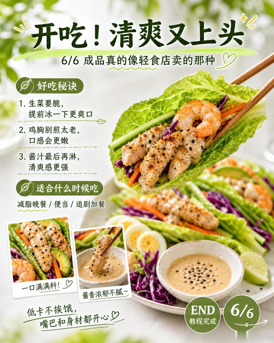 无碳水生菜卷，这一口超满足！超简单！脆爽生菜，加上万能灵魂酱，绝了！我快吃生菜，