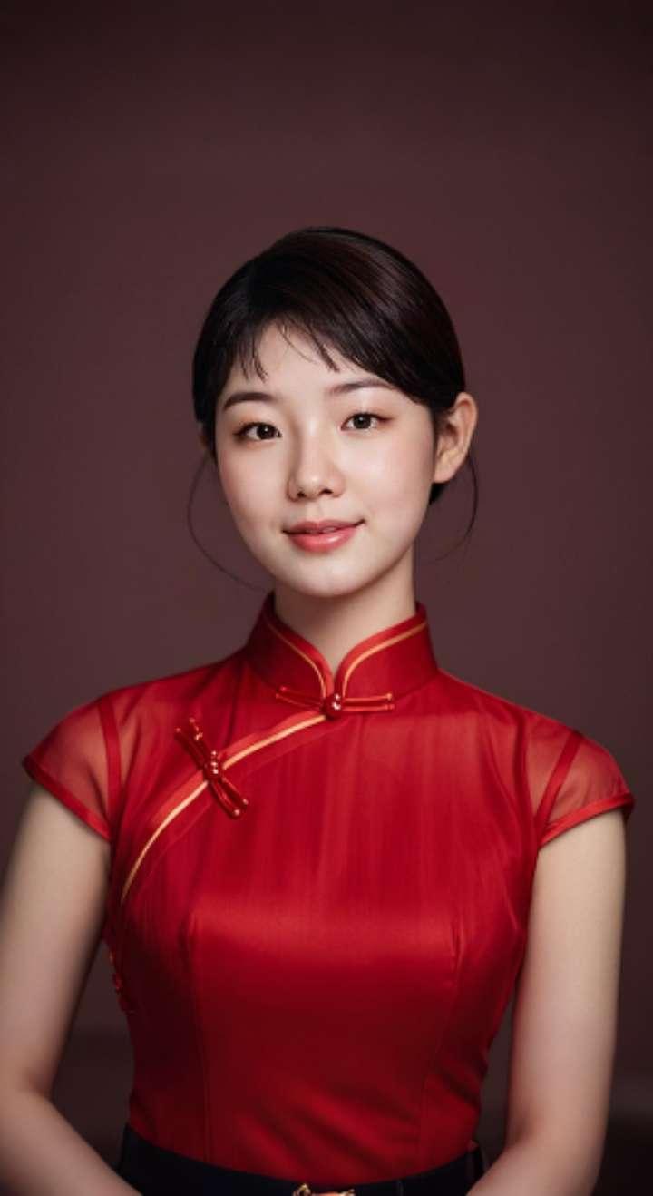 AI扩图 AI红裙浅笑