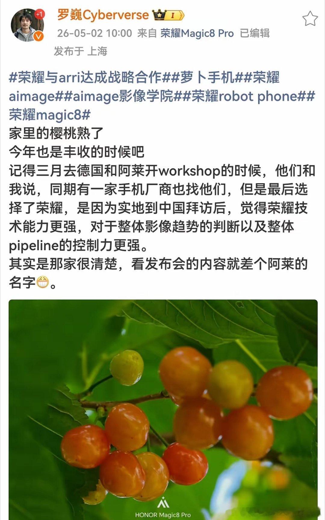 荣耀首席影像工程师罗巍最近爆料了和ARRI合作背后的瓜：刚开始双方互相接触的时候