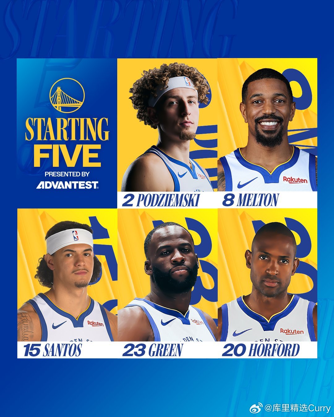 勇士首发：波姐，梅尔顿，桑托斯，格林，霍福德 