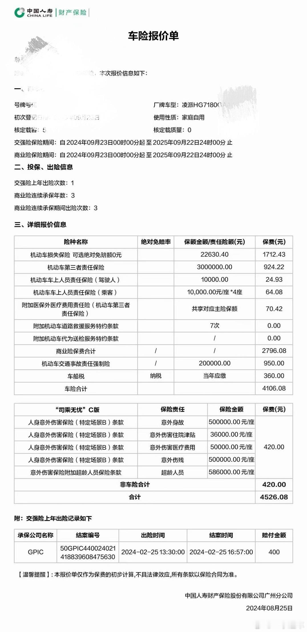 看来今年续保的价格普遍偏高啊，我的思域混动就出了一次险保费要四千多，朋友的凌派去