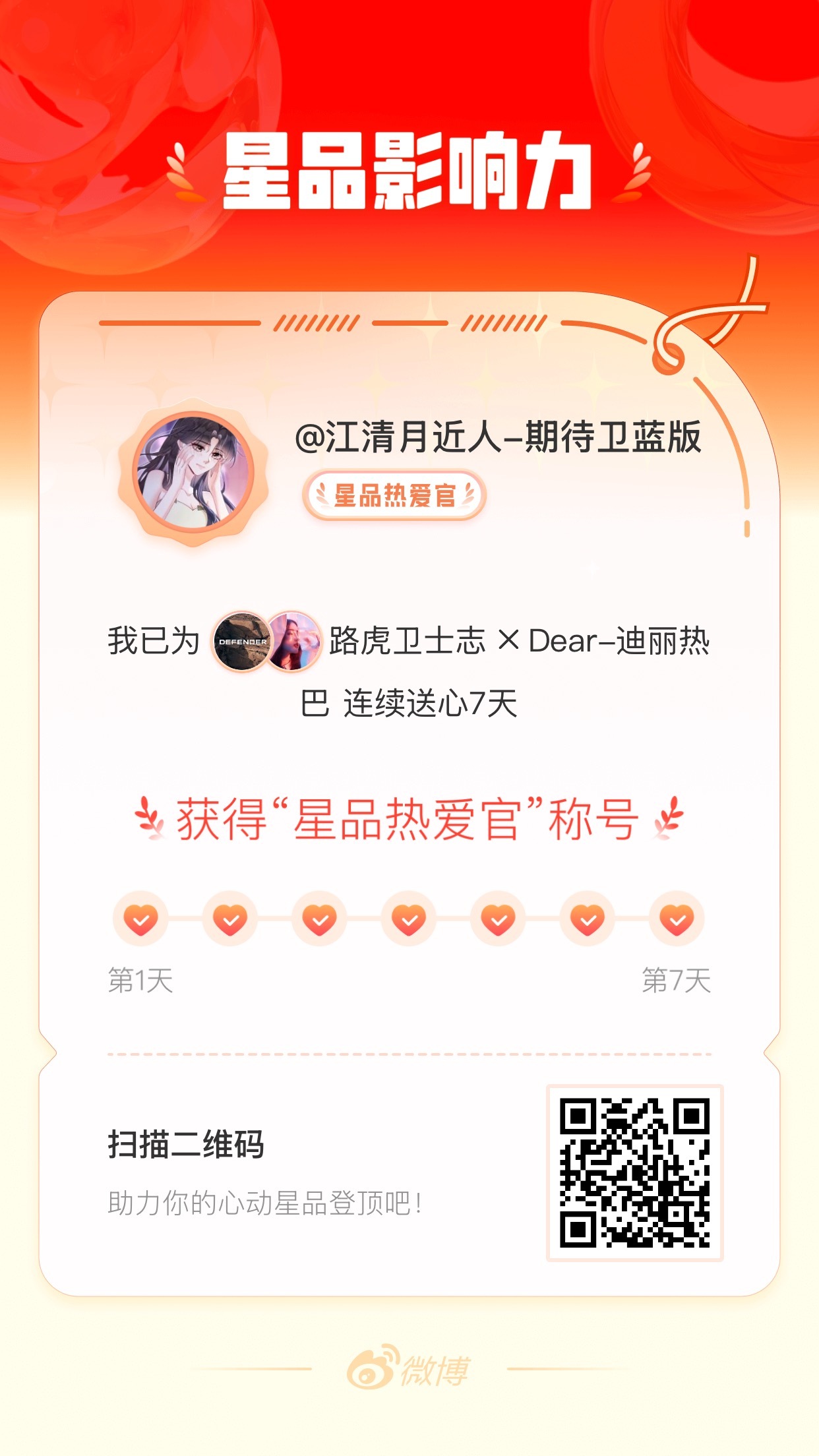我在星品影响力上为 X 连续送心7天，获得“星品热爱官”称号！快来一起pick你