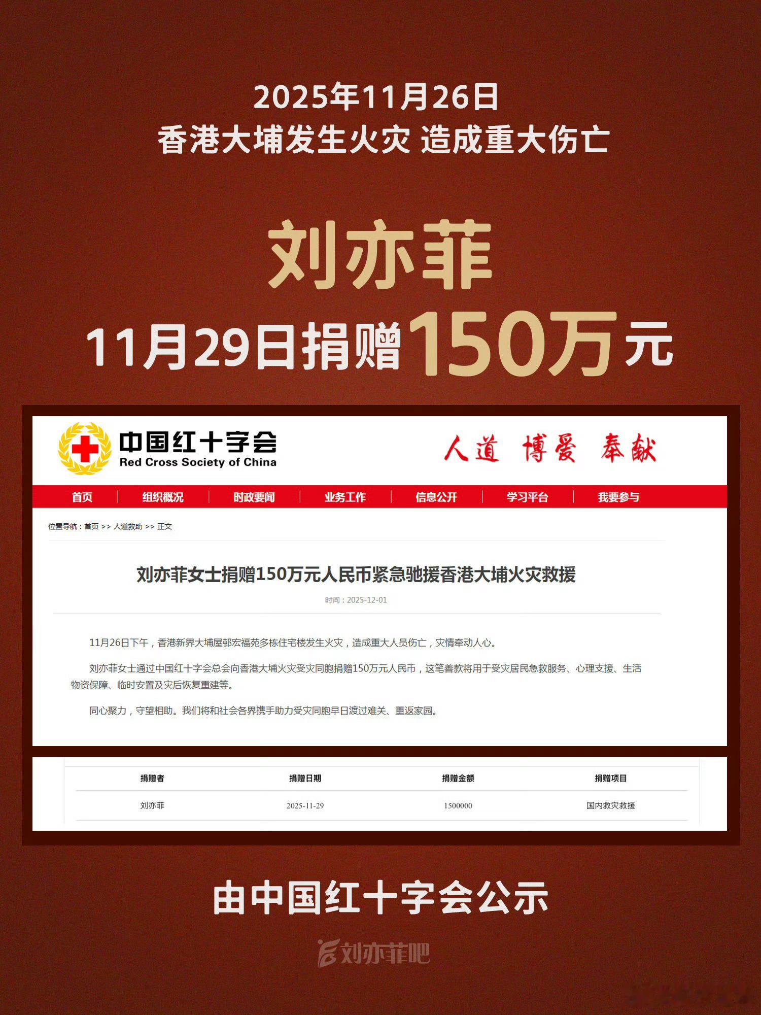 刘亦菲香港捐款150万，人美心善，这个姐永远做的比说的多，正能量艺人