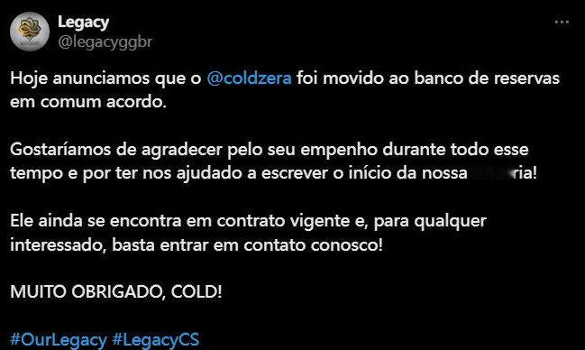 #CSGO# #CS2# Legacy战队官宣：下放coldzera至替补席Le